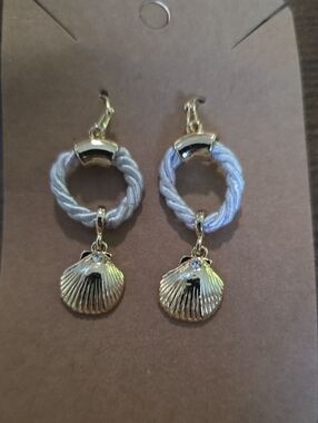 Gold Seashell Drop Earrings with White Rope Accent